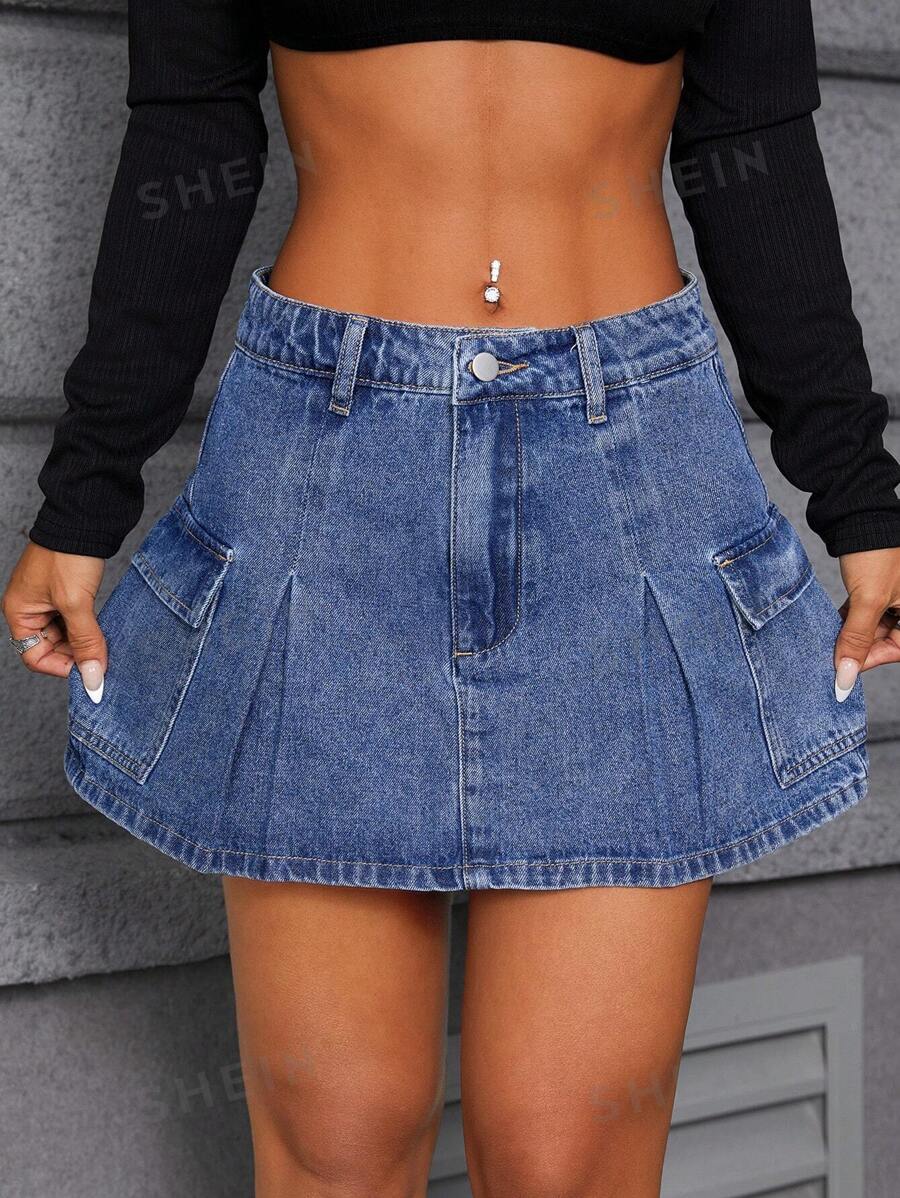 SHEIN ICON Minifalda casual de mujer de carga de mezclilla lavada