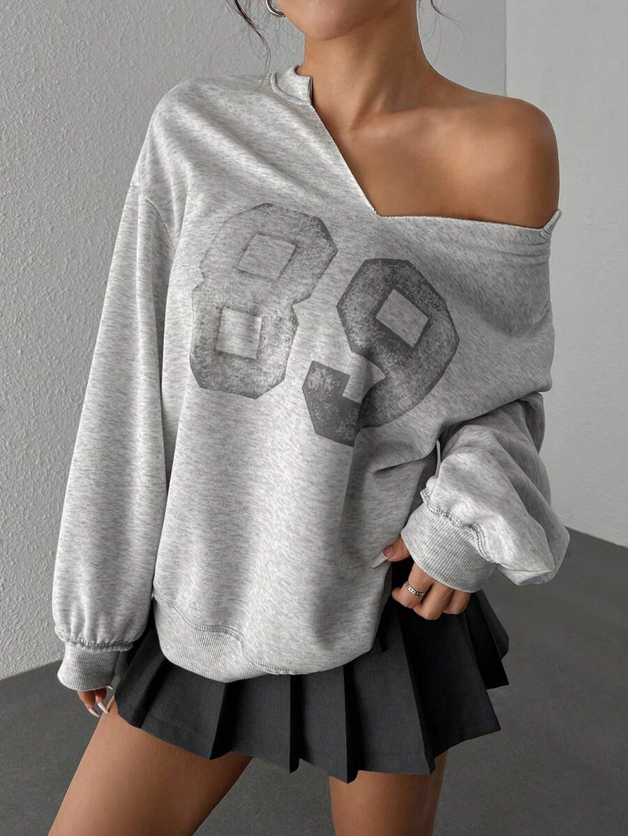 SHEIN EZwear Sudadera casual de mujer con cuello en V de un solo color y estampado numérico, para uso diario