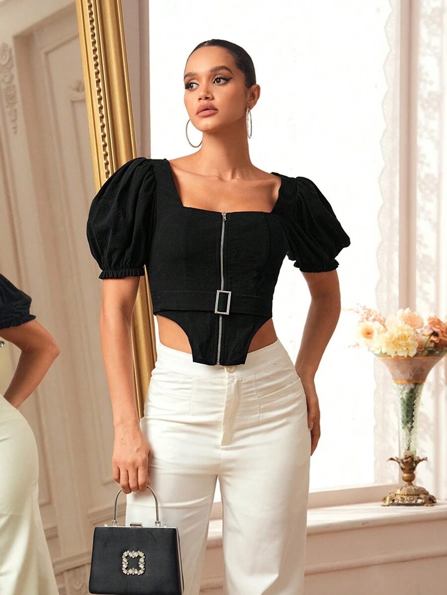 LEVI PLUMA Designer Women's Black Puff Sleeve Short Sleeve Zipper Buckle Belt Elegant Top, Holiday, Vacation, Spring & Summer, Going Out, Festival, Ibiza Fits