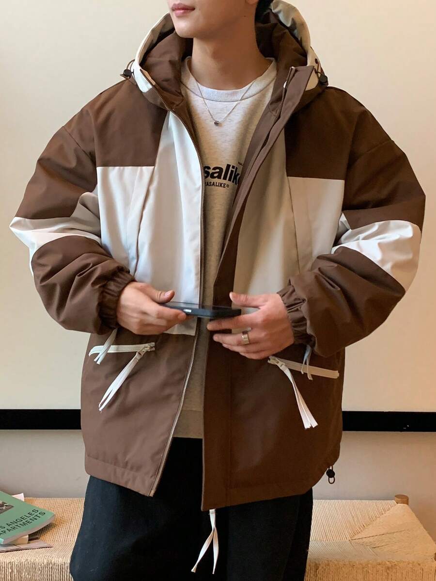 Manfinity Hypemode Men's Casual Two-Tone Zipper Front Drawstring Hooded Padded Coat, Winter Going Out Khaki Color Block Coat, For Friends, Husband, Boyfriend Gifts