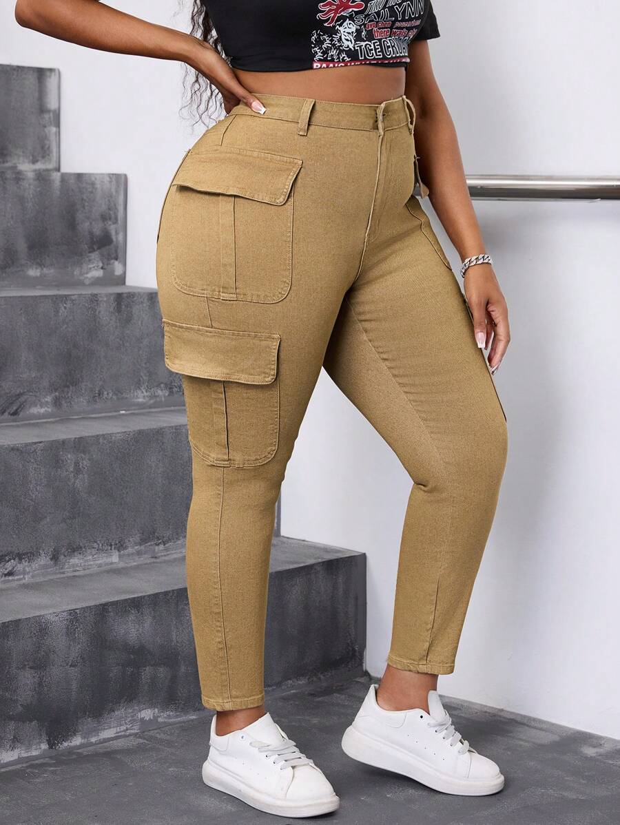 SHEIN SXY Plus Size Women's Stretchy Khaki Cargo Pocket Skinny Pants