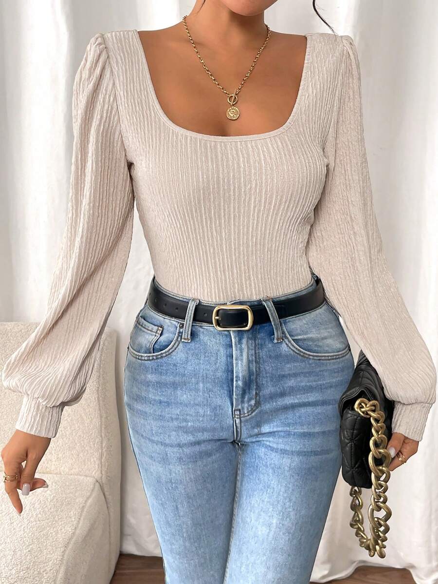 SHEIN Frenchy Dames effen kleur vierkante hals lantaarn mouw geribbeld casual veelzijdig T-shirt, herfst