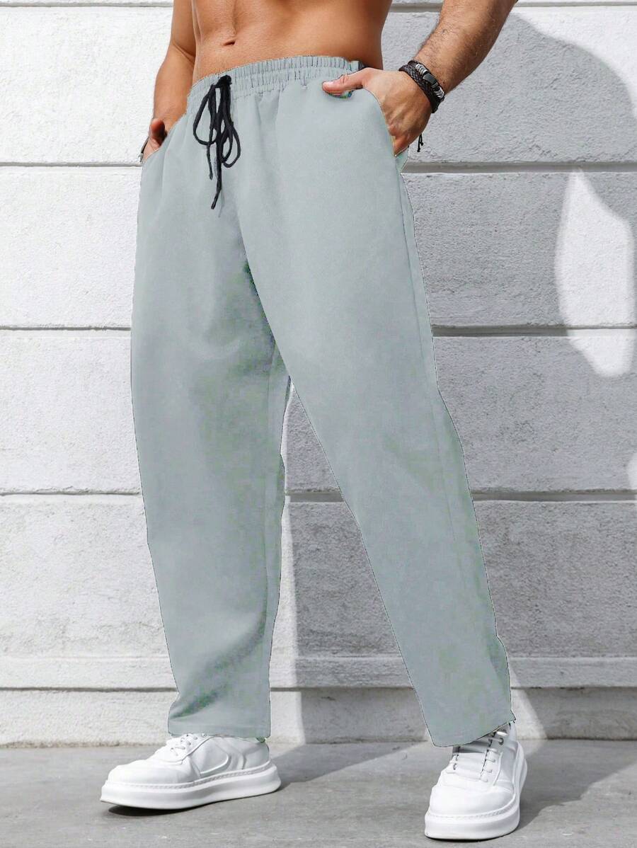 Manfinity Homme Plus Size Men's Drawstring Waist Pockets Straight Leg Loose Casual Pants