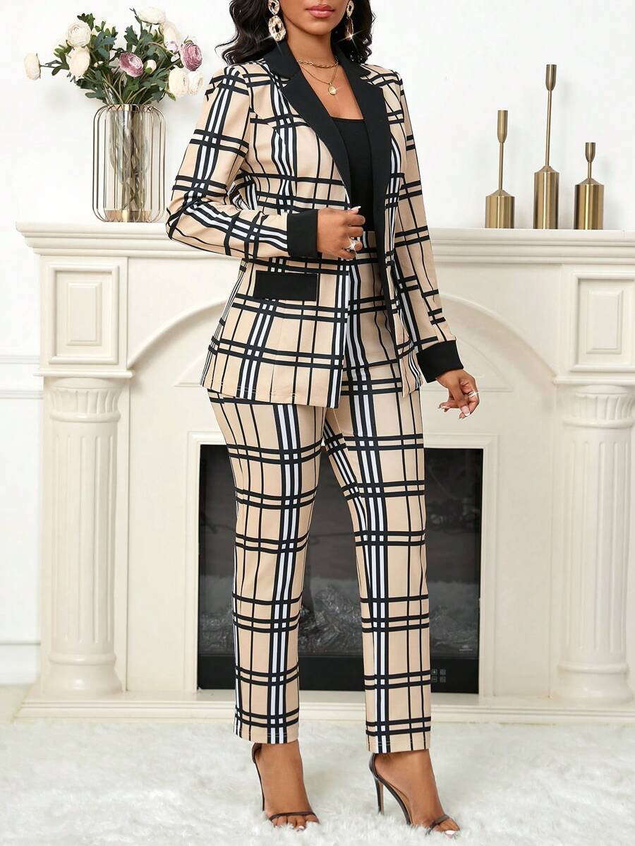 SHEIN Lady Plaid Print Stitching Black Collar Women's Suit Jacket And Women's Suit Trousers, Daily Work Party In Autumn And Winter Suit Women's Two Pieces Set
