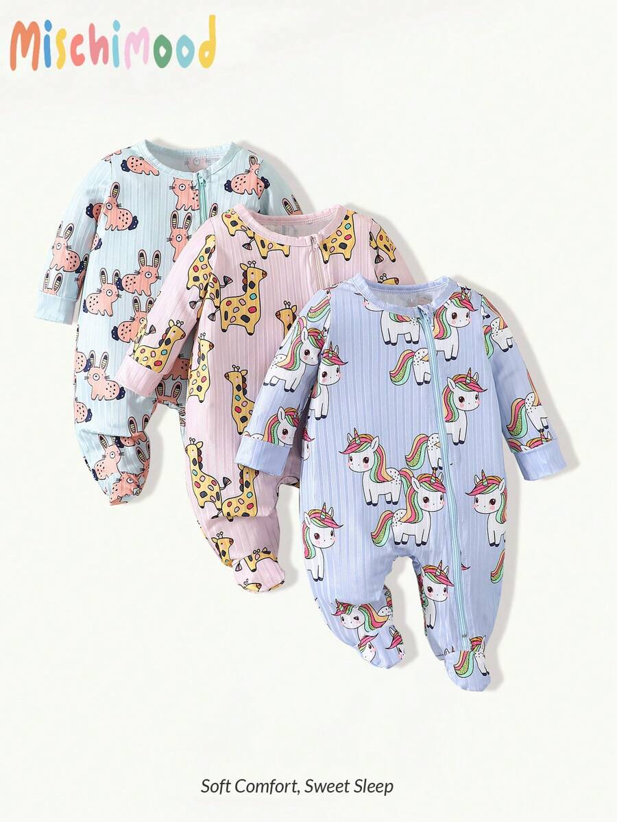 3pcs/Set Newborn Baby Casual Cartoon Animal Pattern Rib Long Sleeve Romper Jumpsuit Home Set
