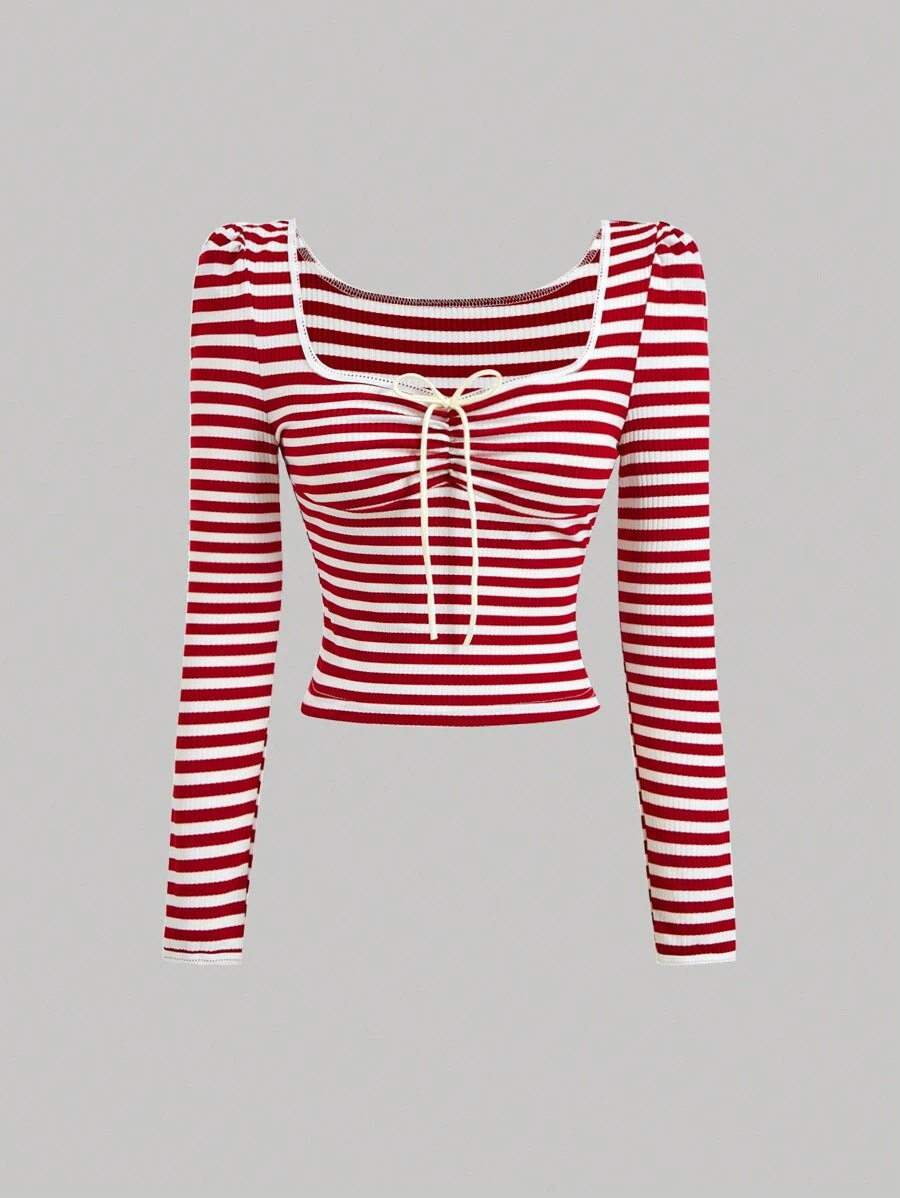 SHEIN MOD Women's Contrast Bow Front Striped T-Shirt, Autumn T-Shirt, T-Shirt, Cute T-Shirt, Casual T-Shirt