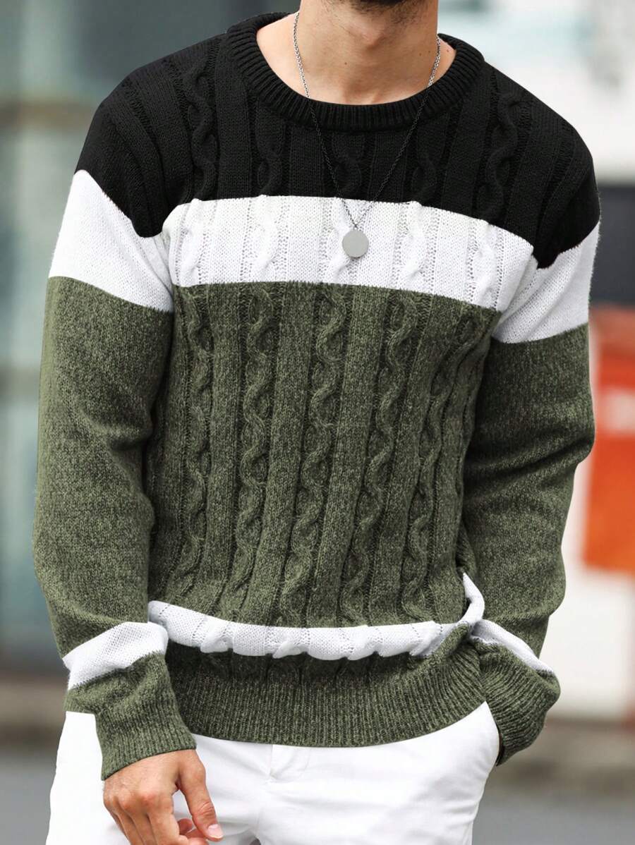 Manfinity Homme Men's Casual Everyday Contrast Color Cable Knit Pullover Sweater