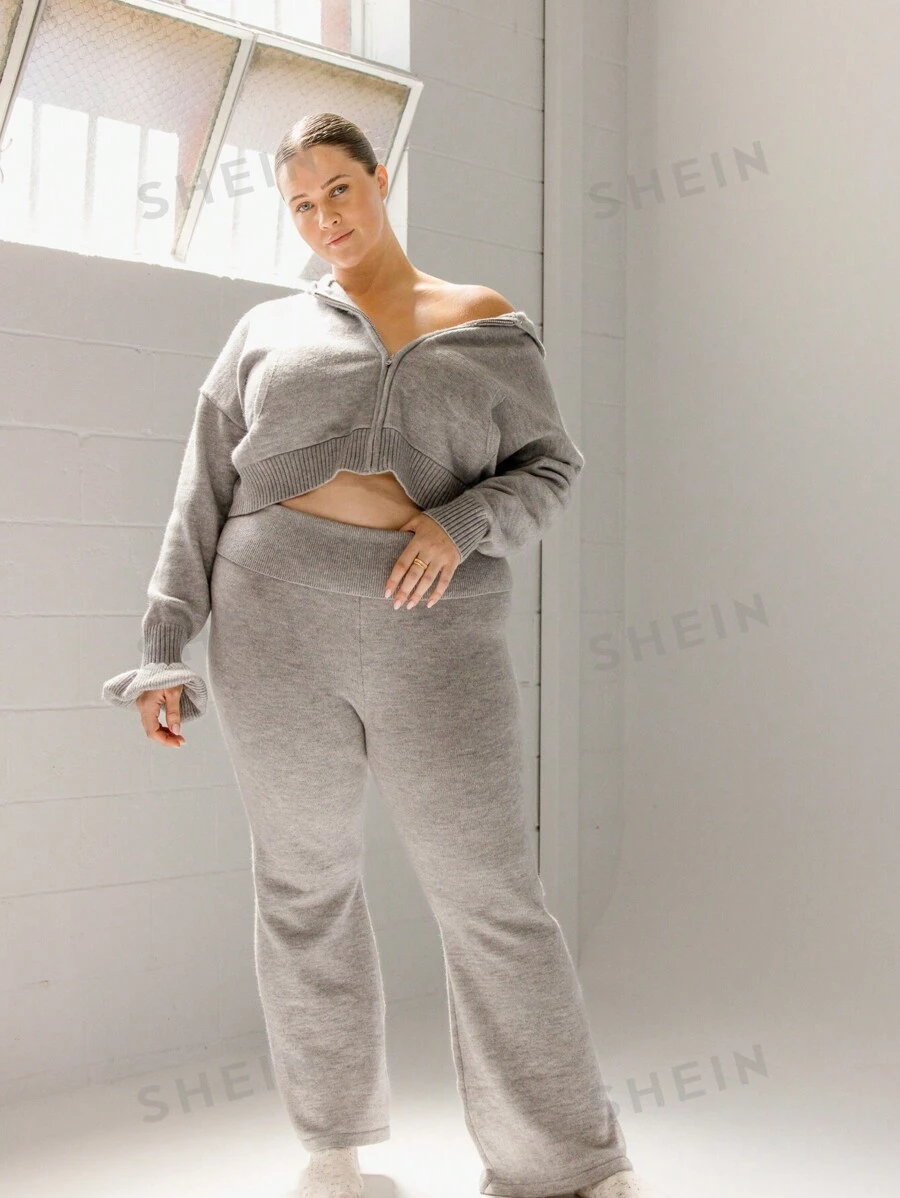 Aralina Pantalones de punto de pierna ancha con cintura plegable en talla grande, color gris jaspeado, para invierno