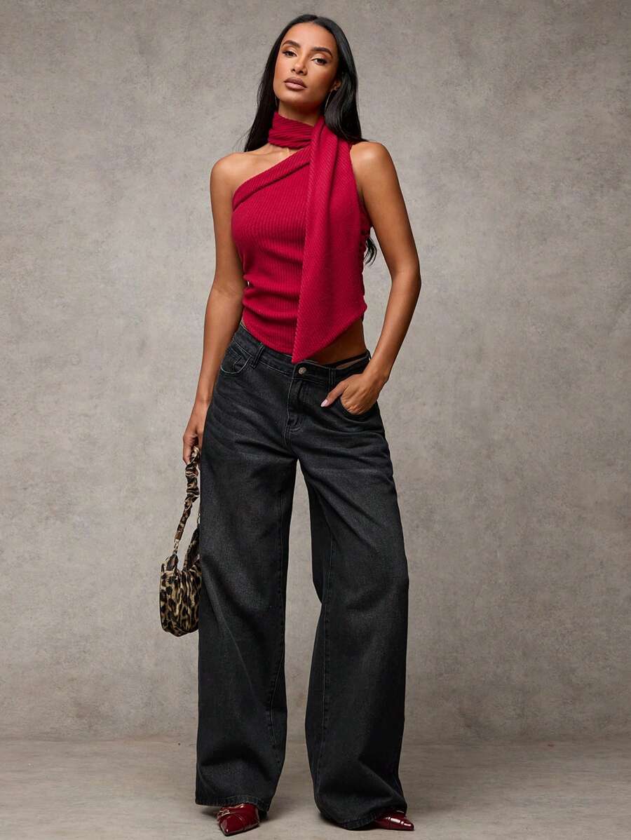 SHEIN BAE Elegante rode asymmetrische halslijn lint wollen top voor dames, feestkleding voor dames, nieuwjaarstop, feestkleding voor dames