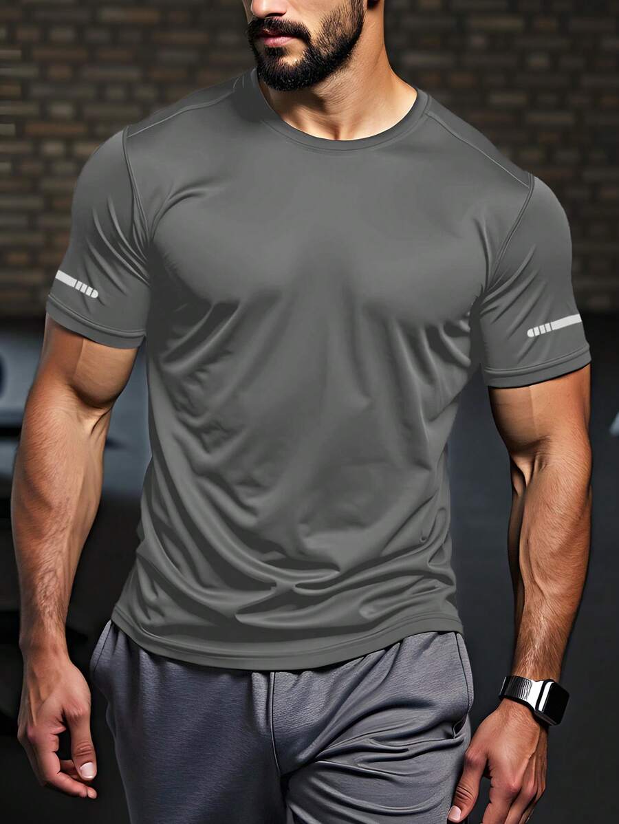 Manfinity Fitness Boyfriend Style Men Letter Print Round Neck Short Sleeve Simple Sports T-Shirt, Casual Daily Wear
