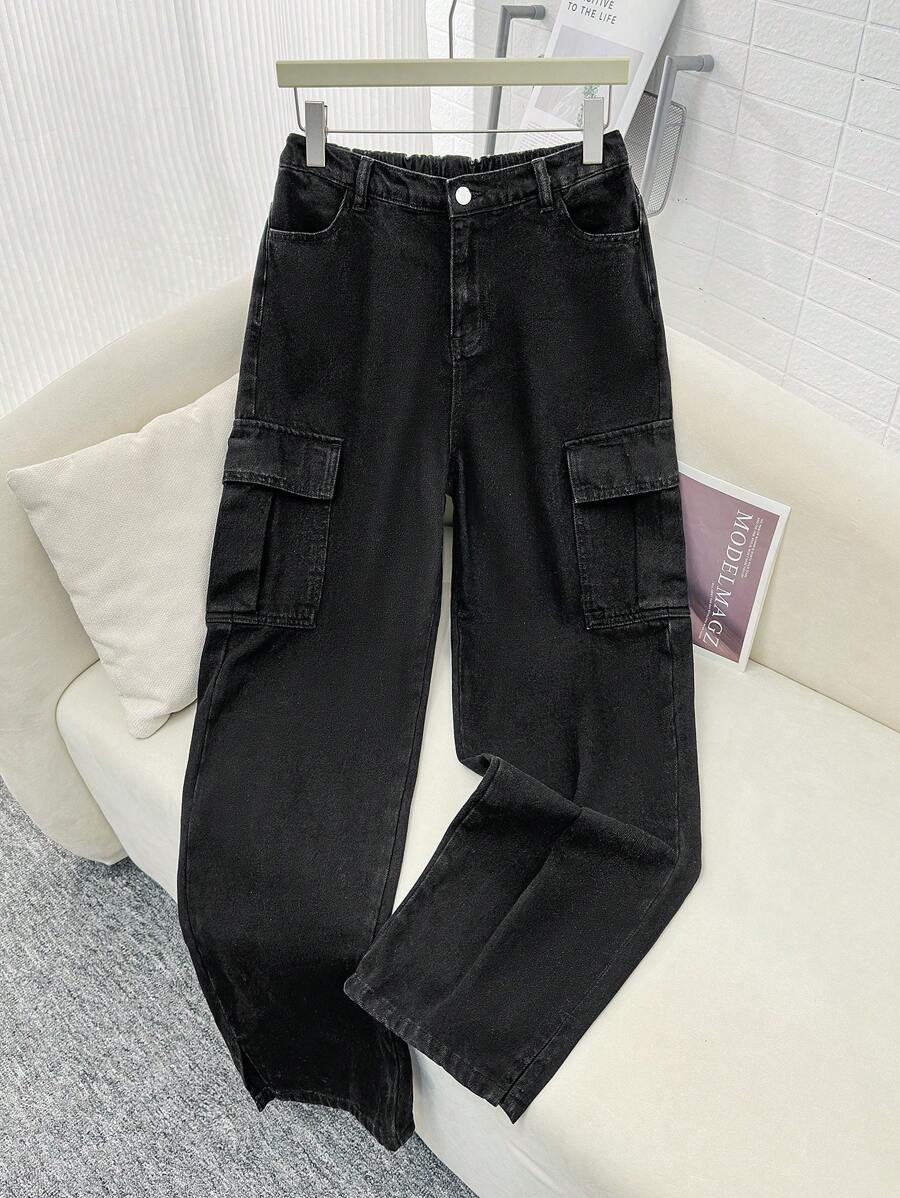 SHEIN Teen Boy Fashion Casual Black Lined For Added Warmth Cargo Pocket And Side Slit Design Loose Straight Leg Jeans Boys Cool Outfit/Boys Thanksgiving Outfit For Boys Costume Dailywear And Fall/Winter Teen Boy Clothes