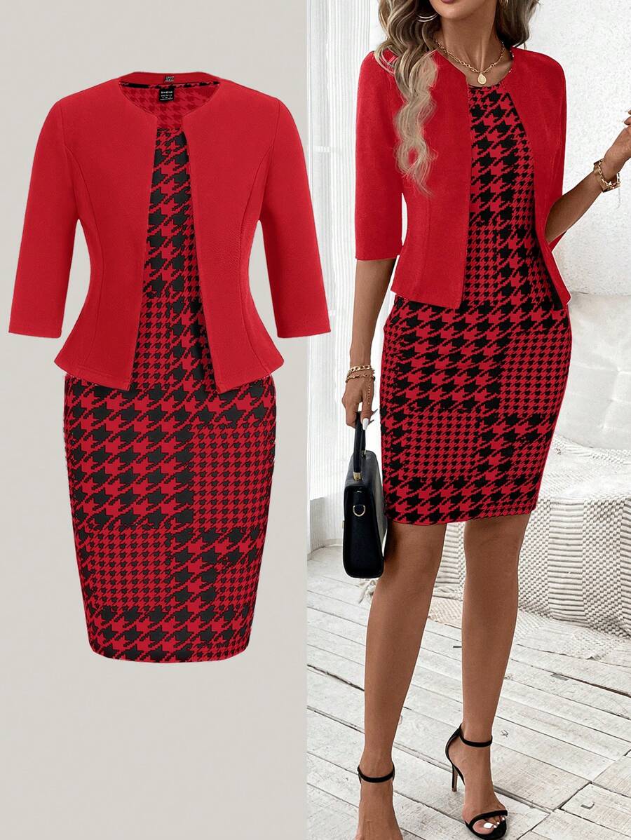 SHEIN Clasi 2pcs Women's Black Short Sleeve Jacket Paired With Houndstooth Knee-Length Bodycon Dress, Elegant Office/Casual Outfit For Autumn/Winter/Spring