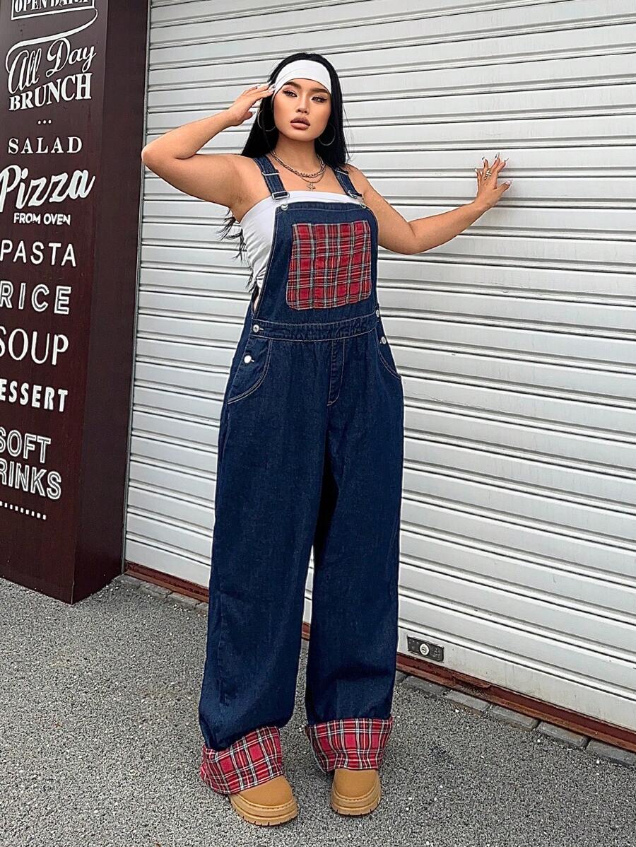 SHEIN ICON Combinaison cargo utilitaire à carreaux de couleur contrastée, effet délavé, sans stretch, pour la mode de rue décontractée, tailles grandes, pour l'été