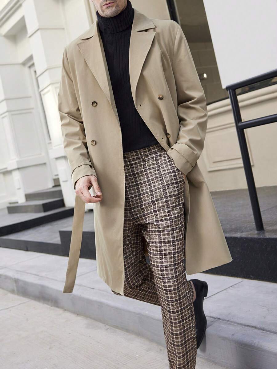 Manfinity VCAY Men's Slim Fit Casual Long Thermal Lined Trench Coat, Suitable For Autumn/Winter, Going Out Fashion Khaki Trench Coat, For Friends, Husband, Boyfriend Gifts
