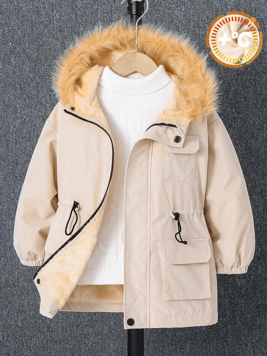 1pc Casual Comfortable Warm White Fleece Hooded Jacket With Pockets For Young Boys, Suitable For Outings, School, Daily Occasions, Autumn And Winter Seasons