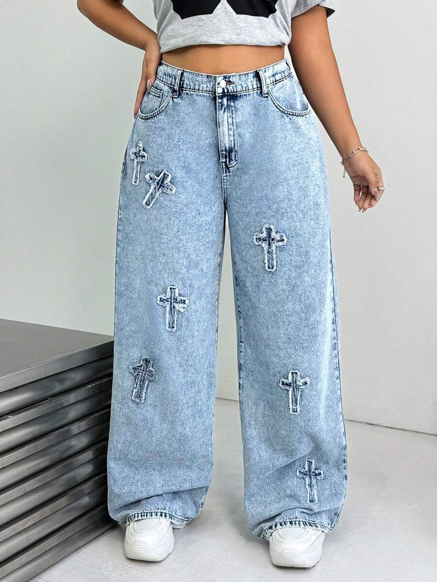 SHEIN EZwear Jeans en denim bleu à jambe droite ample et décontractée grande taille