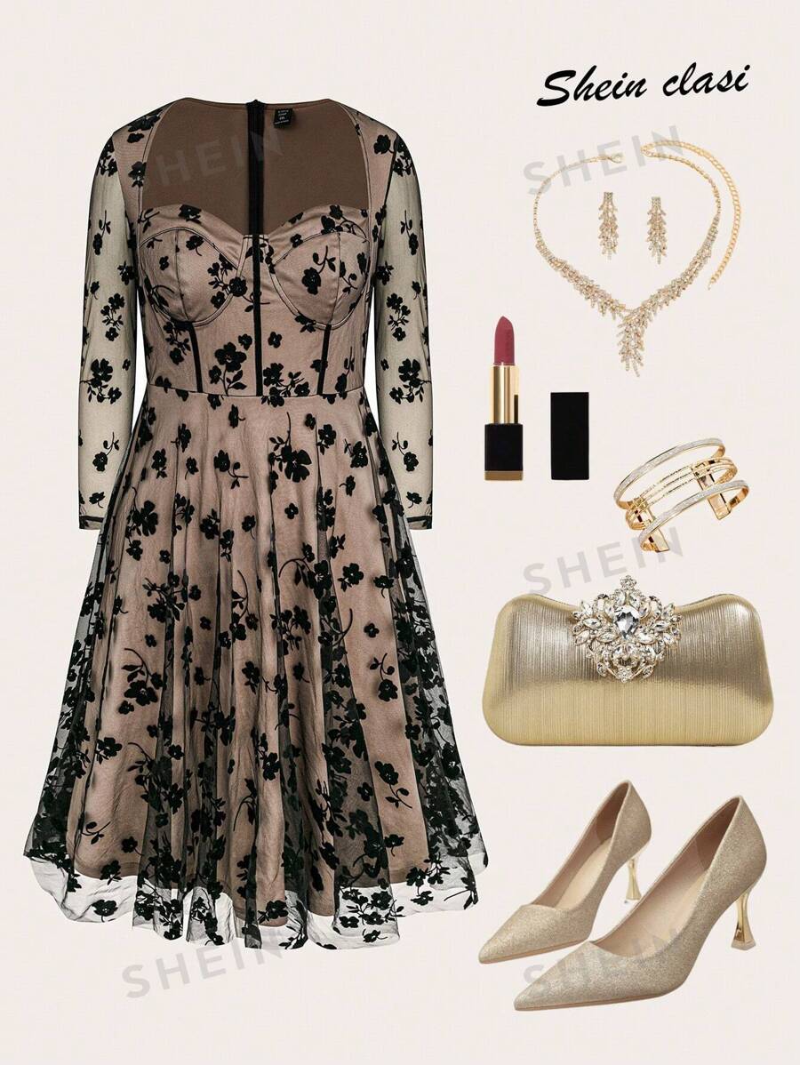 Ellevyn Vestido de bola de talla grande para fiesta de solteros/carnaval, vestido largo de malla negra transparente con estampado flocado, estilo A-line, otoño