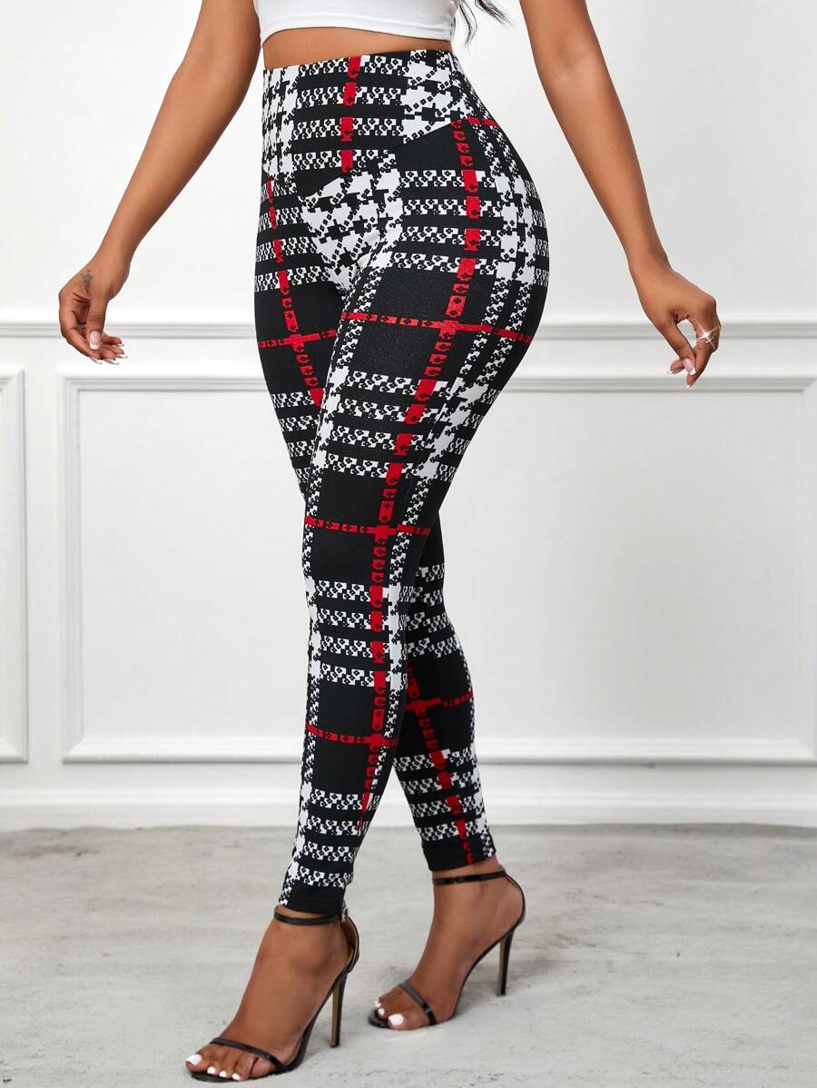SHEIN Lady Fashion Christmas Plaid Print High Waist Leggings