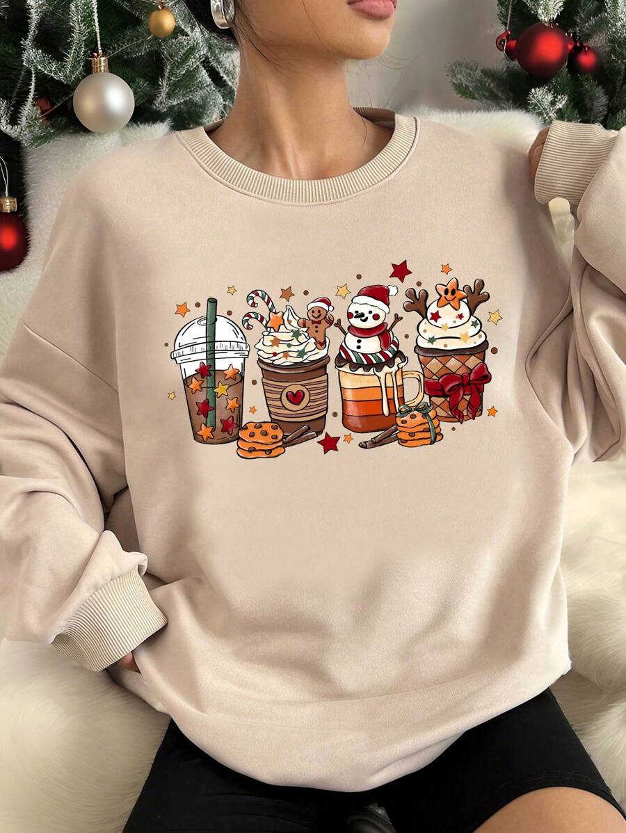 SHEIN EZwear Christmas Casual Gingerbread Man Minimalist Print Round Neck Loose Long Sleeve Sweatshirt For Women