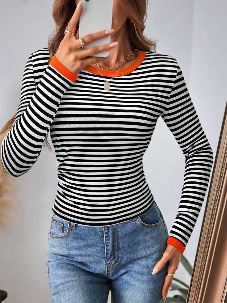 SHEIN LUNE Camiseta de manga larga con cuello redondo, estilo casual a rayas y color contrastante, atuendo básico de otoño/invierno para mujer