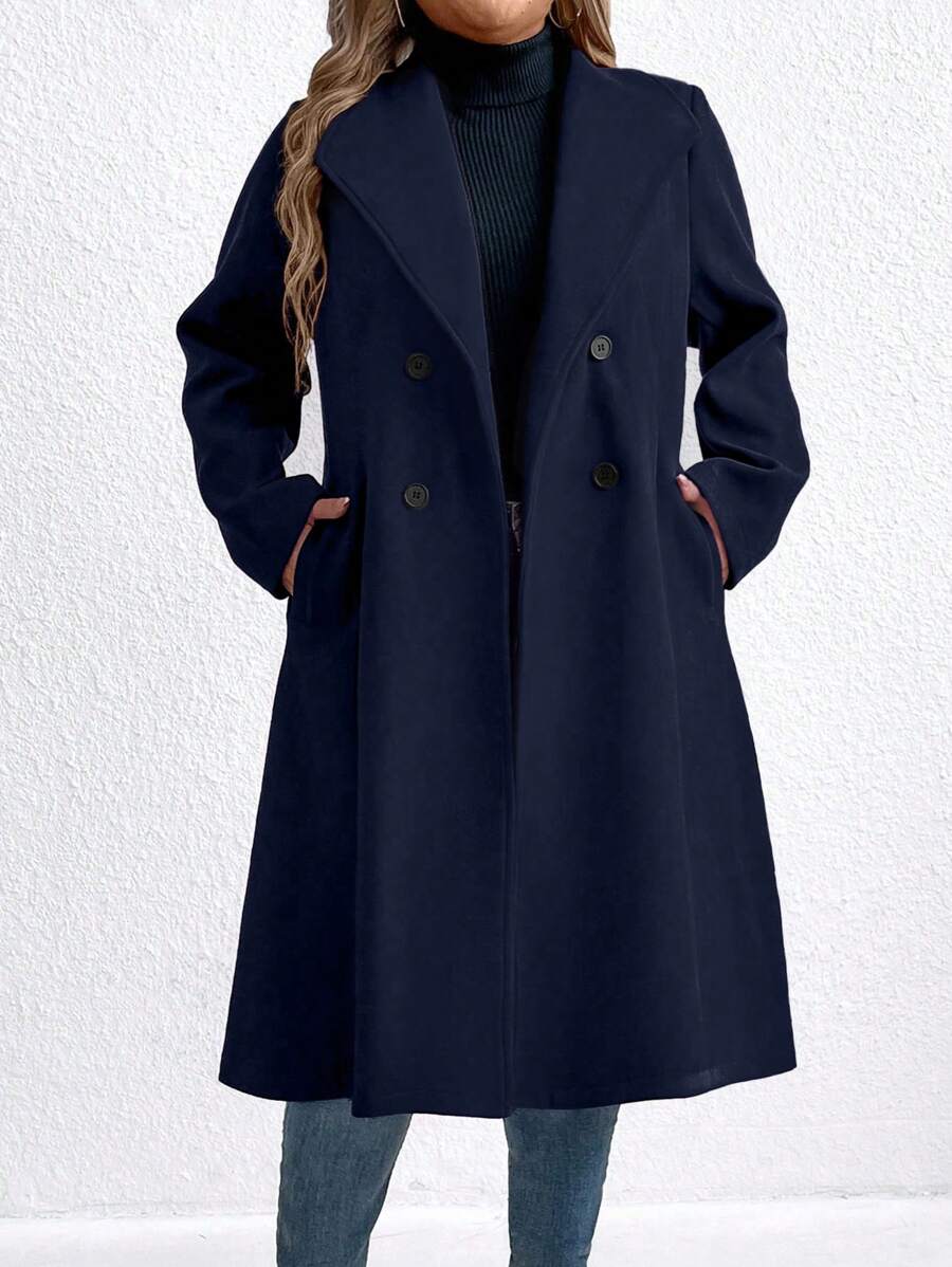 SHEIN Clasi Plus Size Women's Solid Color Turndown Collar Long Sleeve Double-Breasted Casual Jacket, Autumn/Winter