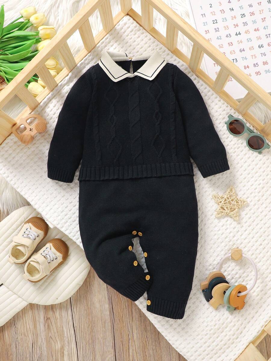 Baby Jumpsuits Casual Gentleman Style, Classic Cable Knit, Collared Shirt Collar Long Sleeve 2 In 1 Jumpsuit, Fashionable And Comfortable, Baby Essential For Autumn/Winter