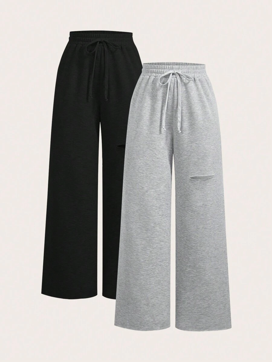 SHEIN EZwear Pantalones deportivos sueltos casuales de cintura con cordón y pierna ancha de unicolor para mujeres