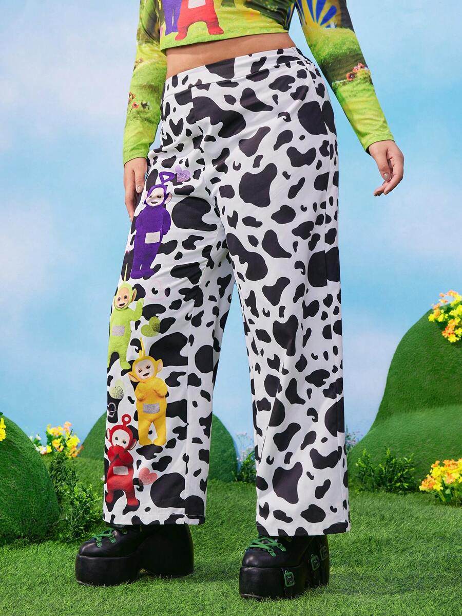Teletubbies X SHEIN Plus Size Spring/Summer Y2K Coquette Kawaii Warm Retro Cow Print Tinky Winky Dipsy Laa-Laa Po Graphic Pants