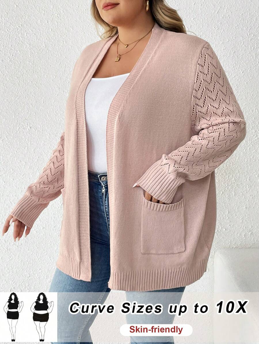 SHEIN CURVE+ Plus Solid Dual Pocket Cardigan For Spring & Autumn