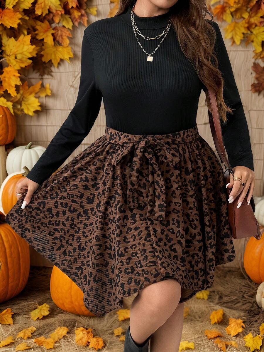 SHEIN LUNE Plus Size Women Casual Patchwork Leopard Print Asymmetrical Hem Dress, Autumn/Winter Thanksgiving Outfit Holiday Outfit