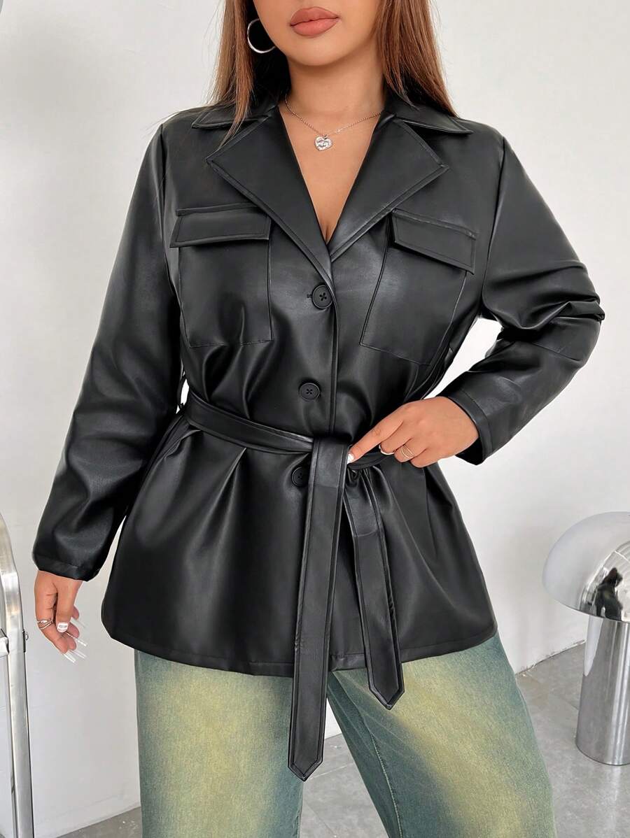 SHEIN EZwear Plus Size Solid Color Turn-Down Collar Cinched Waist Jacket, Autumn/Winter