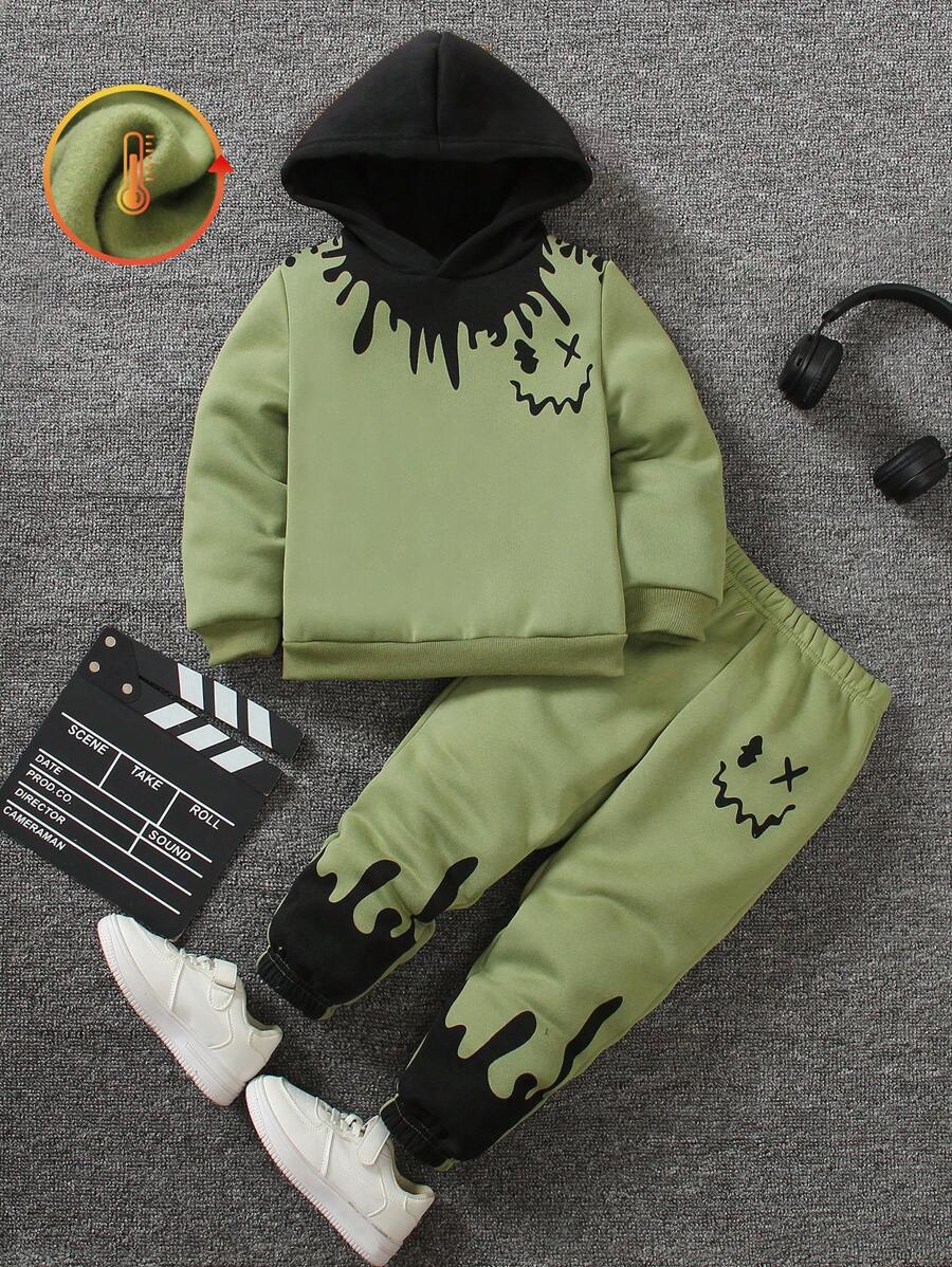 SHEIN Young Boy Cartoon Smiling Face Print Long Sleeve Thermal Lined Hoodie And Sweatpants Casual Set, Suitable For Various Seasons And Indoor/Outdoor Occasions