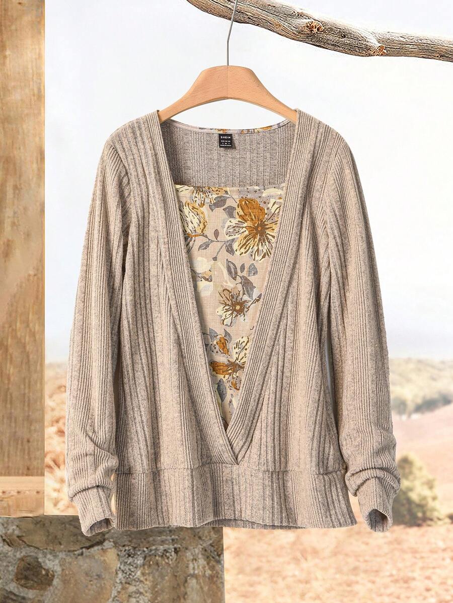 Rusticease Women Casual Floral Patchwork Crew Neck Sweatshirt For Daily Wear, Autumn Winter