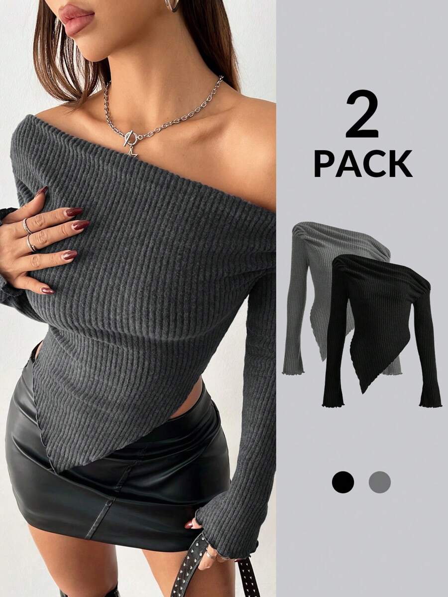 SHEIN PETITE Women's Two-Piece Brushed Knitted Off-The-Shoulder Asymmetric Hem T-Shirt Set, Black + Gray, Suitable For Autumn And Winter