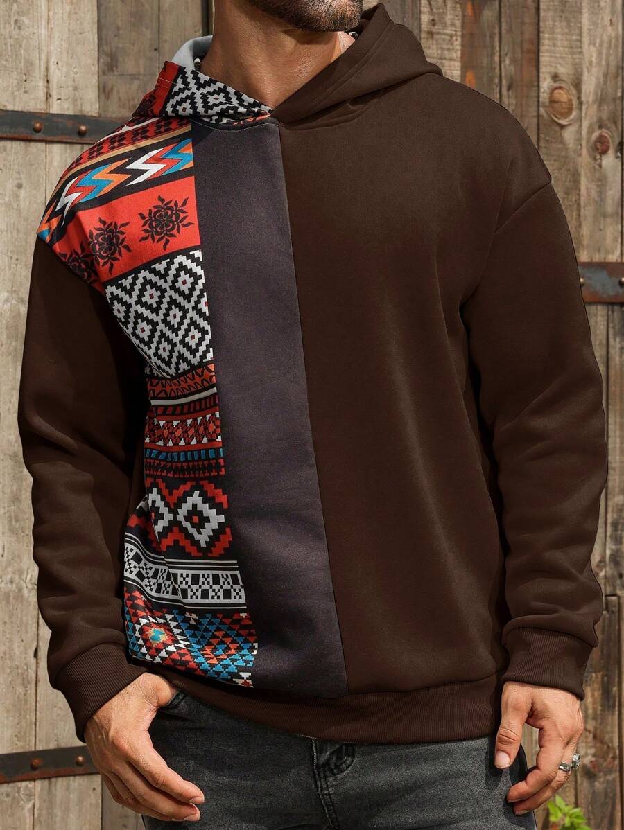 Manfinity Nomadique sweat-shirt à capuche ample et décontracté à manches longues avec imprimé géométrique, pour homme, automne