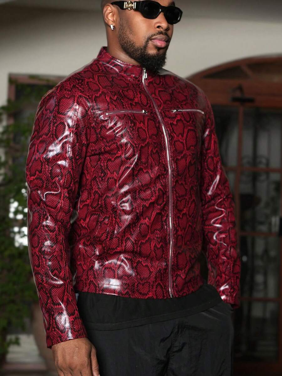 Manfinity VCAY Chaqueta informal holgada de manga larga con estampado de piel de pitón tejida, estilo juvenil de moda para hombres