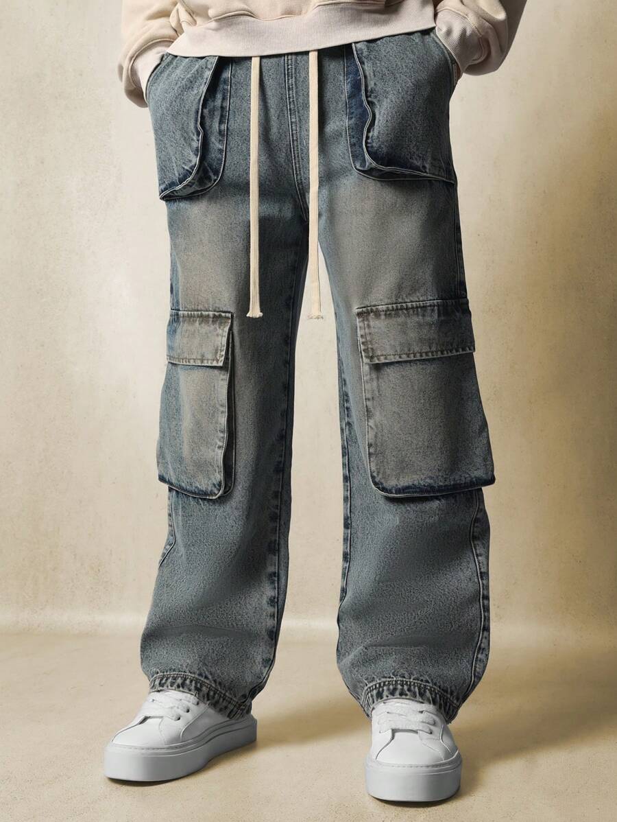 SUMWON Pantalón cargo de tela vaquera con ajuste holgado y elástico