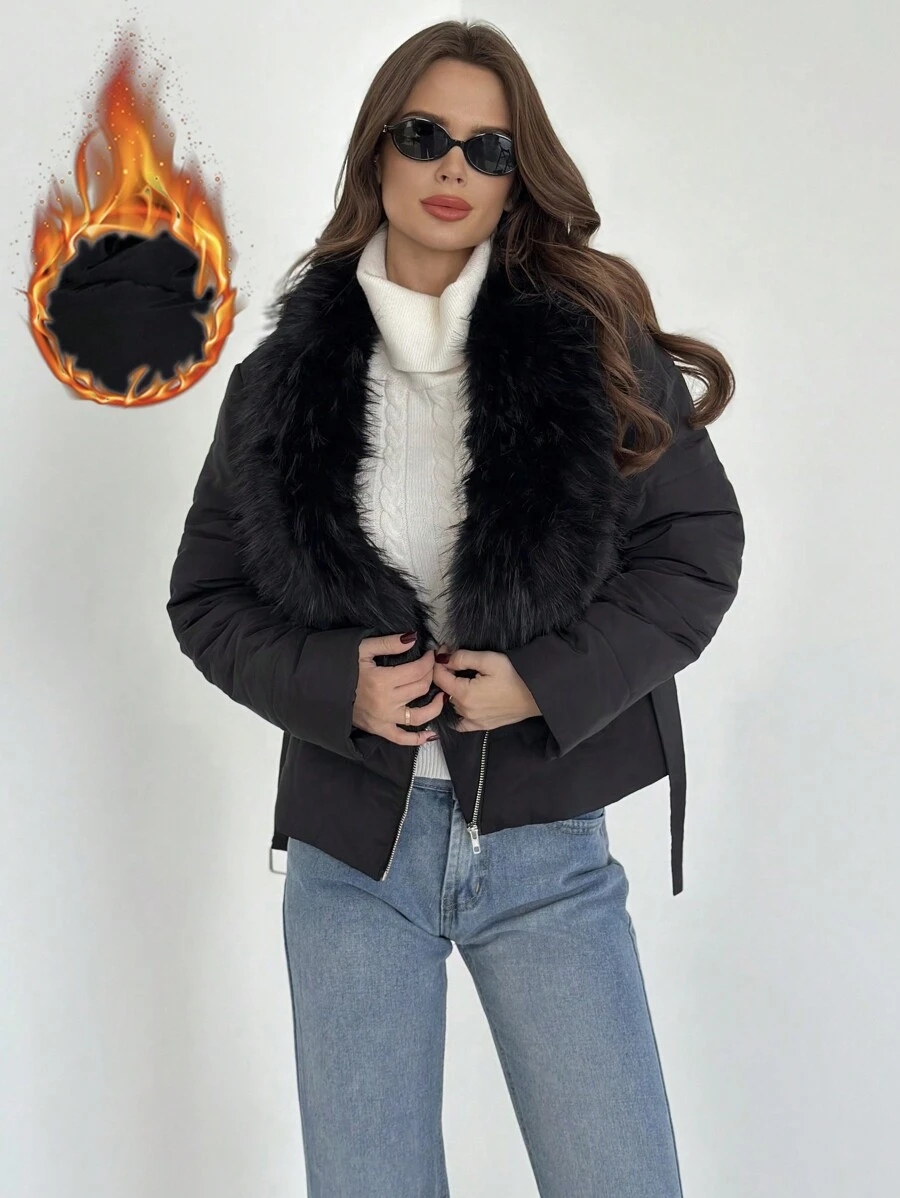 SHEIN Privé New Autumn/Winter Warm & Elegant Casual Modern Fashion Fur Collar Belt Black Padded Coat