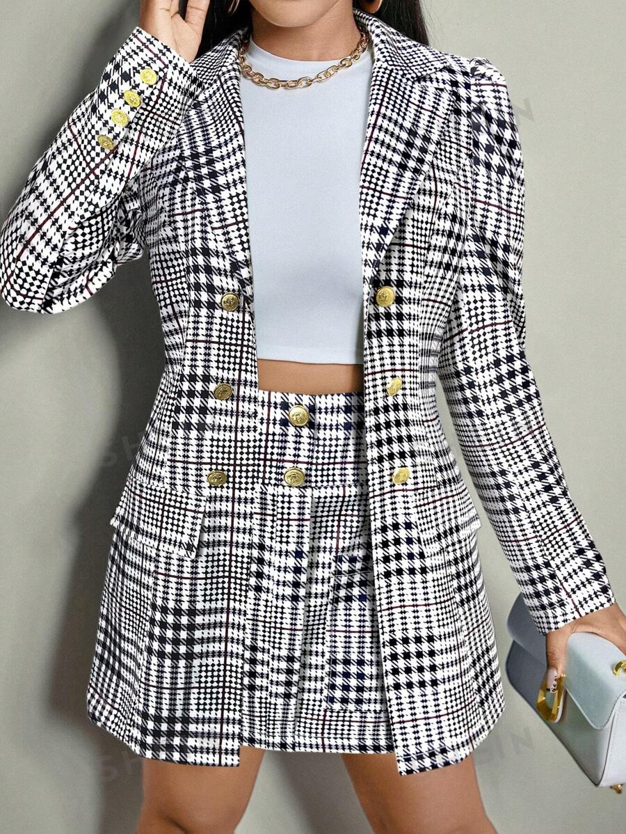 SHEIN Clasi Conjunto de traje elegante de oficina con blazer de doble botonadura de manga larga con estampado de cuadros y falda mini