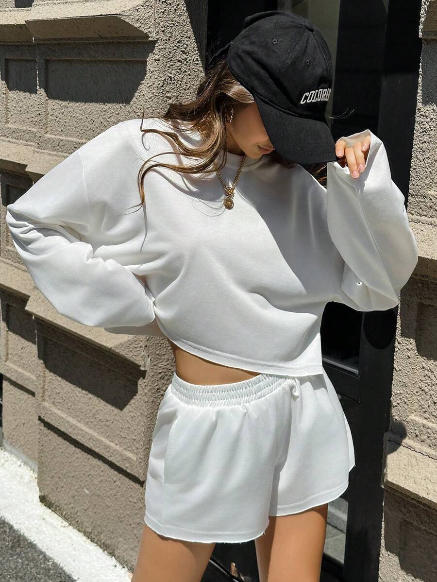 INAWLY 2pcs/Set Women Solid Color Cropped Long Sleeve Top And Shorts Set