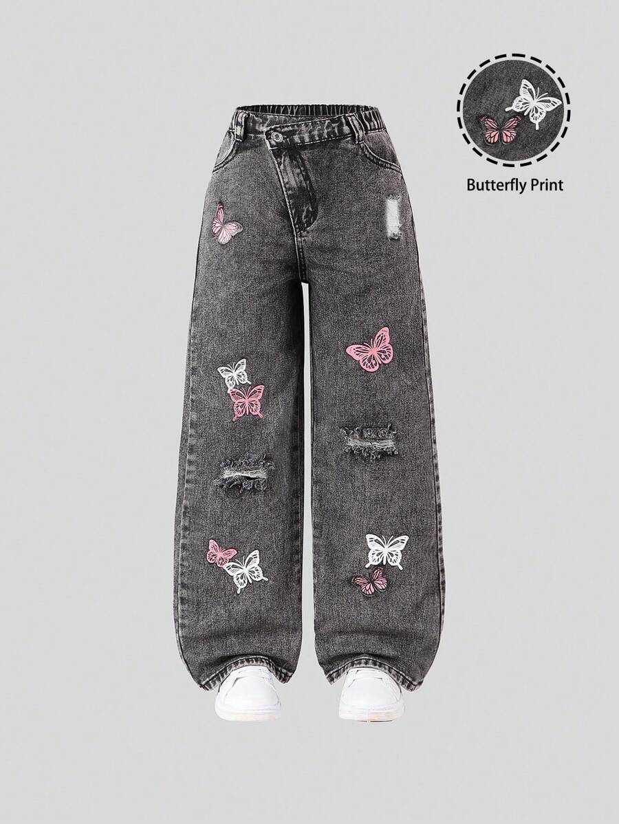 SHEIN Wildeya Tween Girl Asymmetric Elastic Waist Cute Butterfly Print Loose Comfy Light Blue Wide Leg Jeans