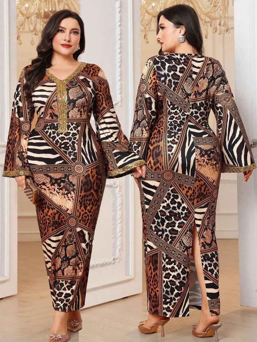 Al Najma Plus Size Women Leopard Print V-Neck Elegancka marszczona obcisła sukienka, Eleganckie dopasowane sukienki Jalabiya Maxi, Na wieczorne przyjęcie/wesele/rocznicę