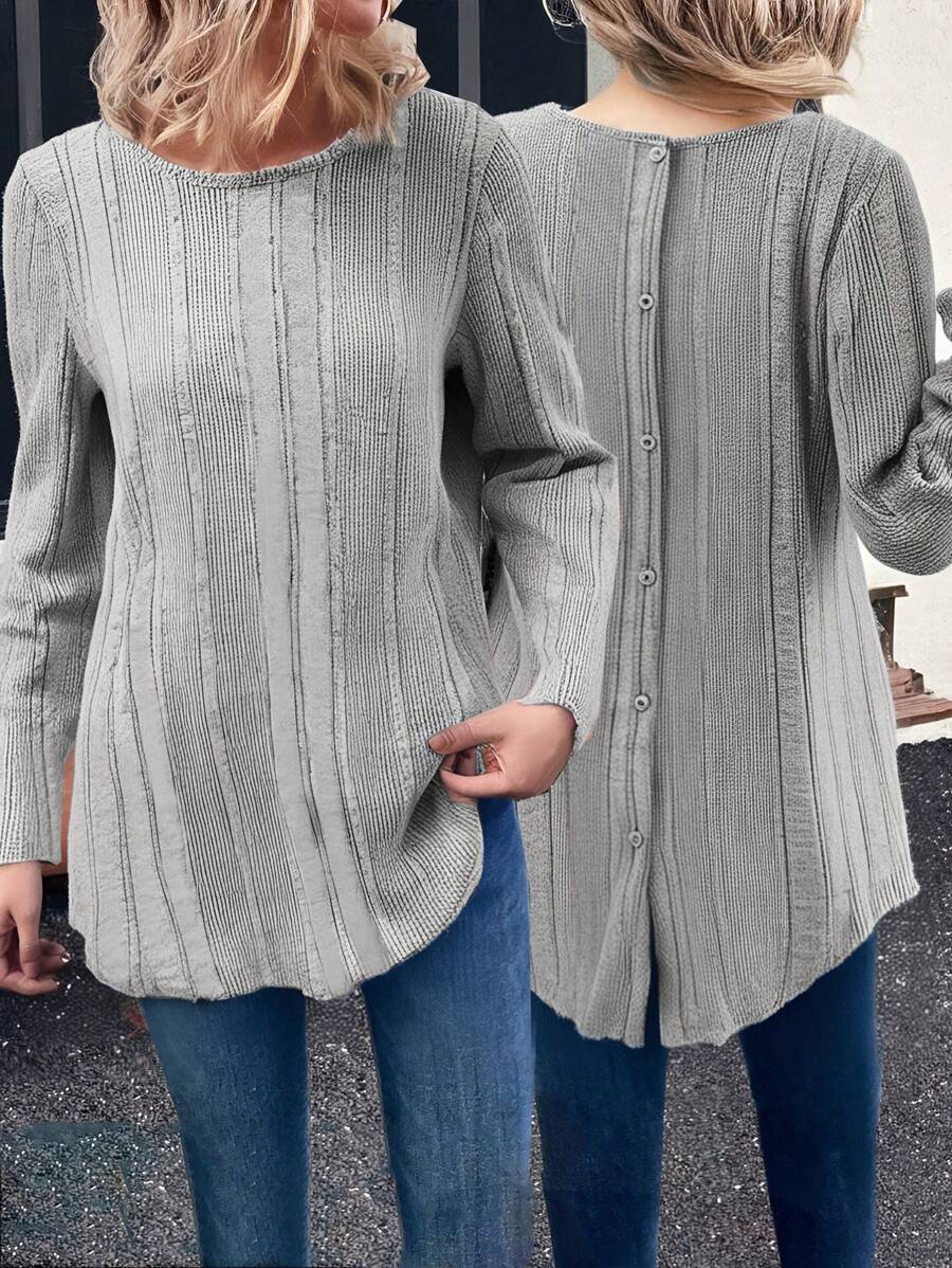 EMERY ROSE Vrouwen Eenvoudige Effen Kleur Ronde Hals Lange Mouw Geribbelde Gebreide Top, Casual Dagelijkse Kleding
