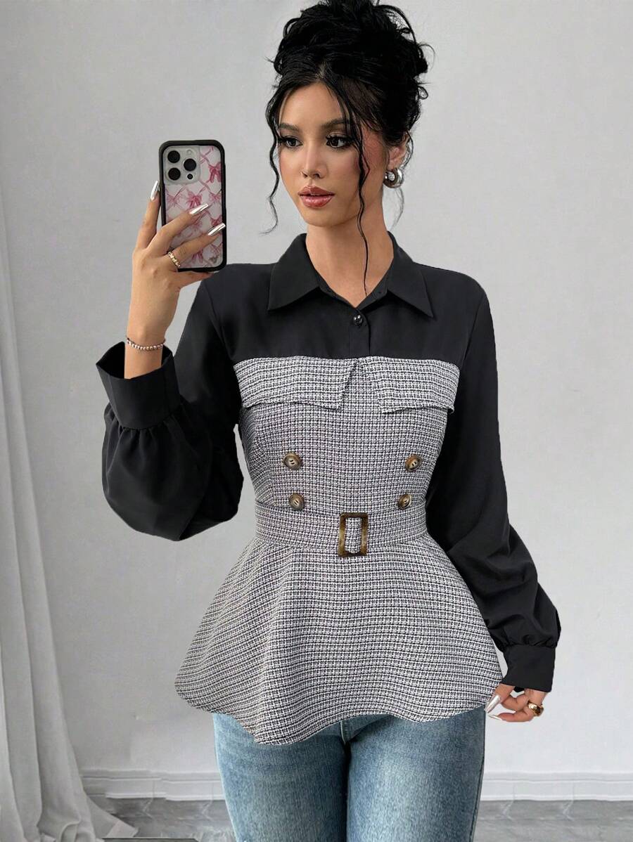 Calvaya Women's Casual Splice Shirt Collar Button-Up Cinched Waist Waist Long Sleeve Shirt, Elegant For Office Work And Daily Wear