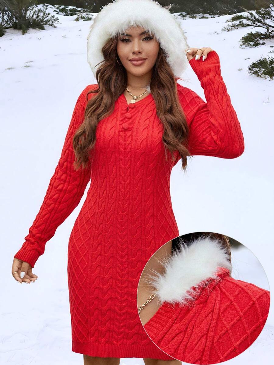 SHEIN LUNE Plus Size Women Red Twisted Rope White Hood Collar Knit Dress, Christmas Holiday Sweater Dress, Winter