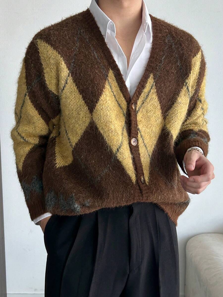 DAZY Men's Checkered Print Loose Casual Open Front Long Sleeve Cardigan, Autumn/Winter