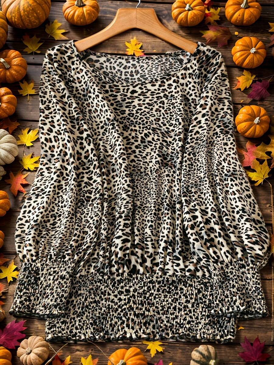 SHEIN LUNE Fall Clothes Casual Everyday Wear,Plus Size Women Shirts Leopard Print Round Neck Long Sleeve Casual Blouse Holiday Outfit