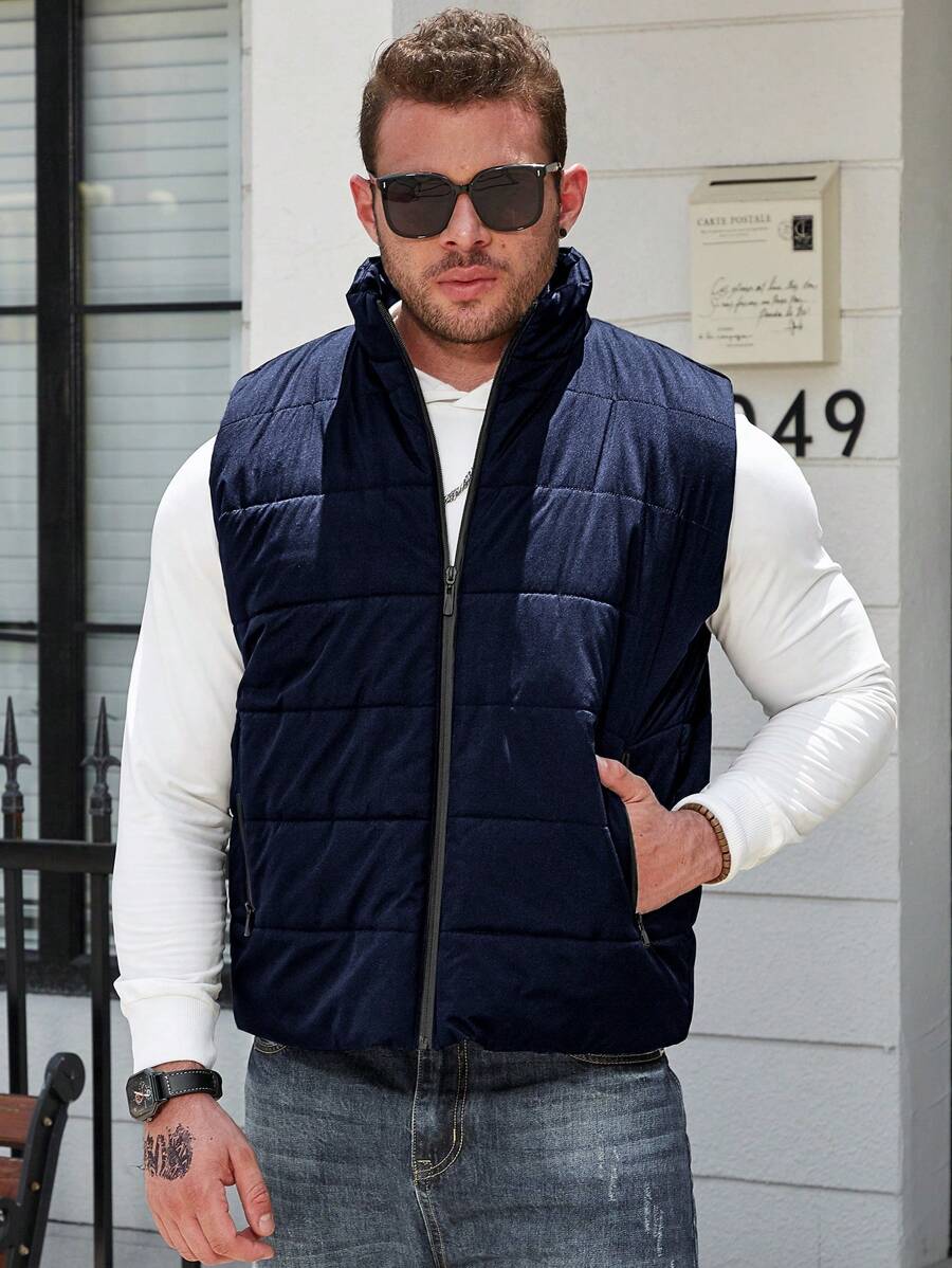 Manfinity Homme Plus Size Men's Solid Color Zip Front Casual Vest Padded Coat, Winter