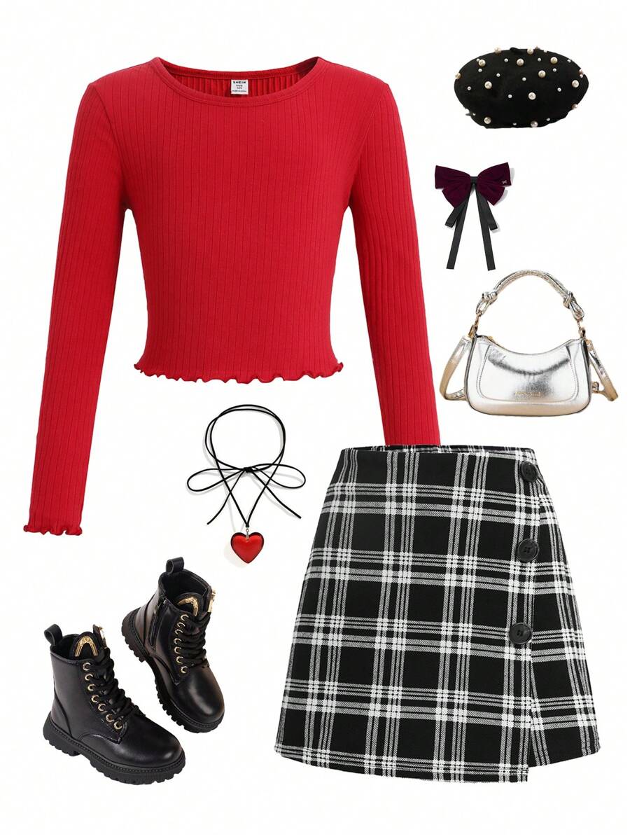 SHEIN Niña preadolescente - Camiseta de manga larga de un solo color rojo con acabado de lechuga y falda pantalón a cuadros negros con detalle de botones, para otoño e invierno, excelente para uso casual diario y escolar en otoño e invierno, para Navidad
