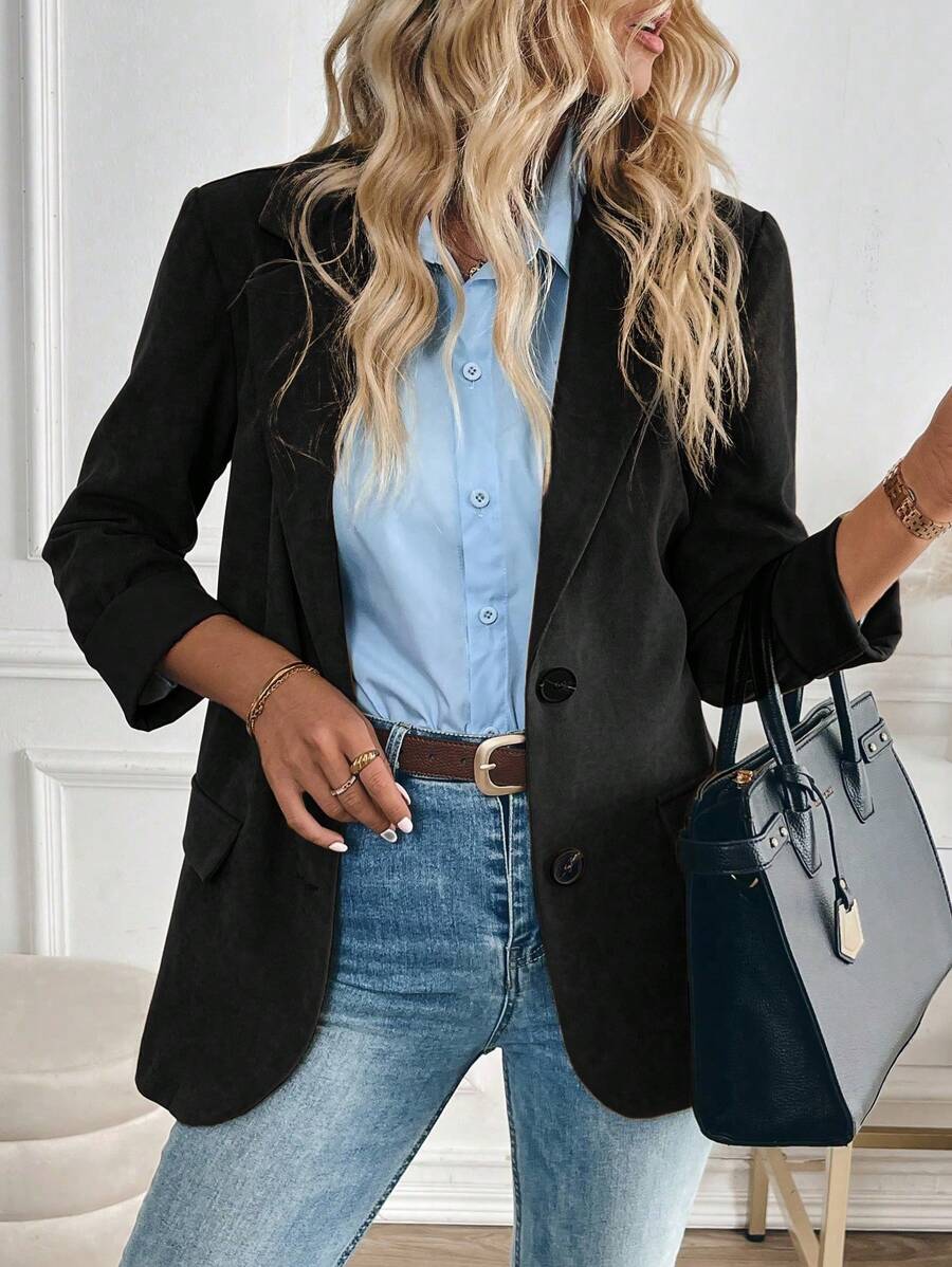Chiquease Women's Solid Color Long Sleeve False Pocket Decor Stand Collar Blazer, Autumn